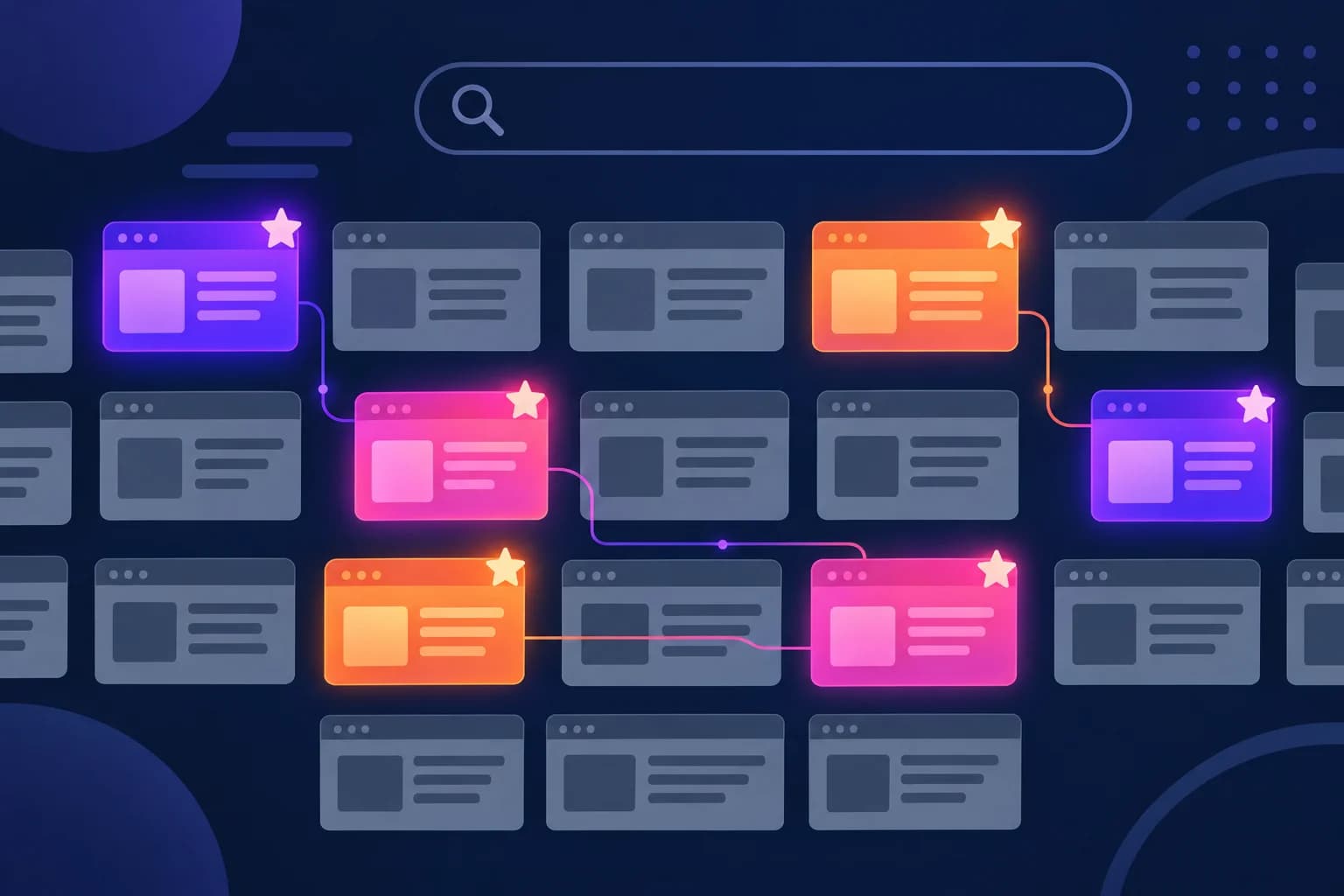 Illustration éditoriale d'une grille de cartes de sites web grises, dont plusieurs se détachent, lumineuses et marquées d'une étoile violette, rose et orange, au-dessus d'une barre de recherche stylisée sur fond bleu nuit