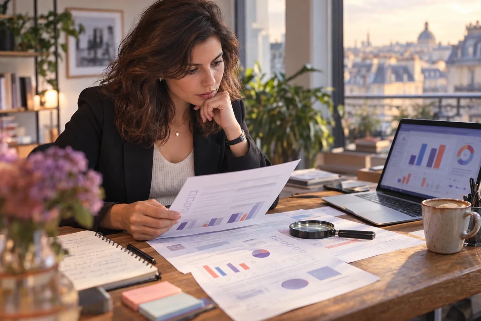 Femme examinant des feuilles d'évaluation imprimées couvertes de graphiques et de cases à cocher, une loupe posée sur les documents, un ordinateur portable affichant un tableau de bord flouté en arrière-plan