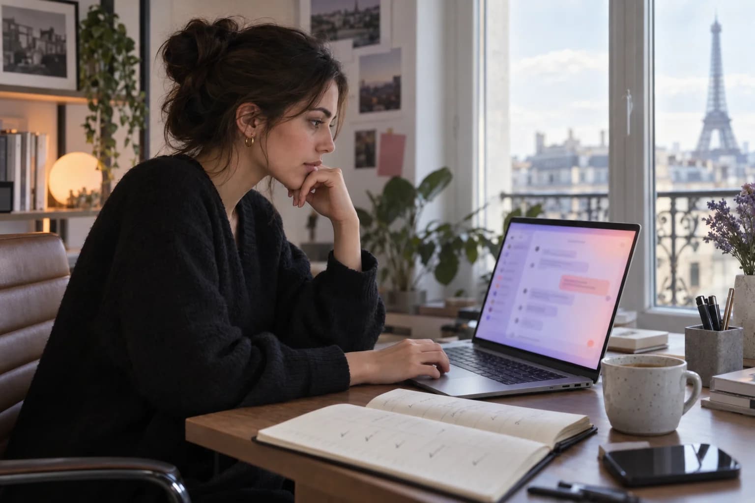 Analyste marketing consultant un ordinateur portable affichant une interface de conversation floutée, un carnet ouvert avec des cases cochées semaine après semaine posé devant elle